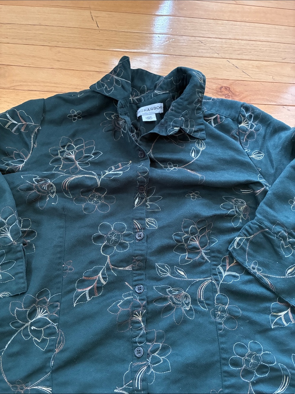 Deep Green suede Floral Embroidered Button-Down Shirt